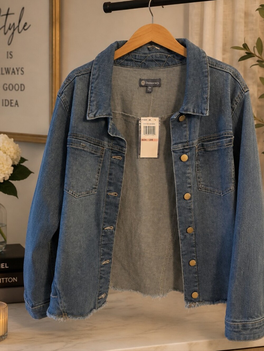 NWT Democracy 2X Frayed Hem Stretch Denim Jacket Blue Button Front Plus Size